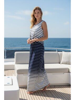 Robert Louis Striped Maxi Dress Blue White Sleeveless Medium Nautica Stretch NEW